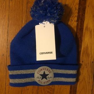 NEW blue Converse beanie kids knit hat winter OS Pom Pom